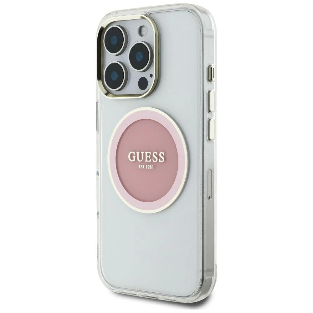 iPhone 16 Pro Max Guess IML Metal Colored Circle Classic Logo MagSafe dėklas - rožinis 1