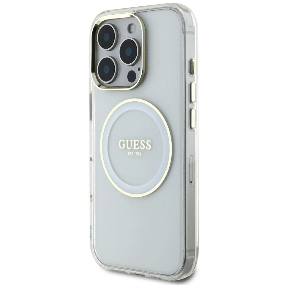 iPhone 16 Pro Max Guess IML Metal Colored Circle Classic Logo MagSafe dėklas - baltas 1