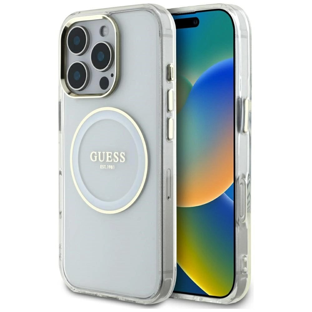 iPhone 16 Pro Max Guess IML Metal Colored Circle Classic Logo MagSafe dėklas - baltas