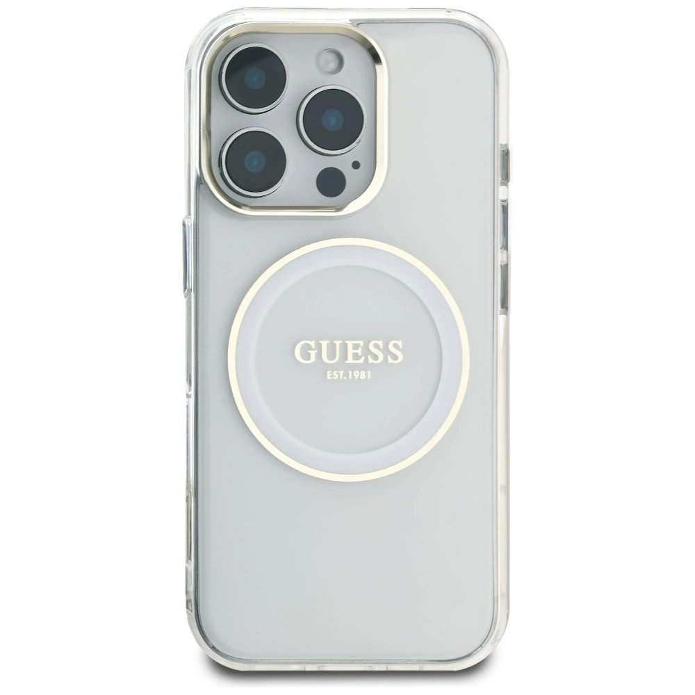 iPhone 16 Pro Guess IML Metal Colored Circle Classic Logo MagSafe dėklas - baltas 2