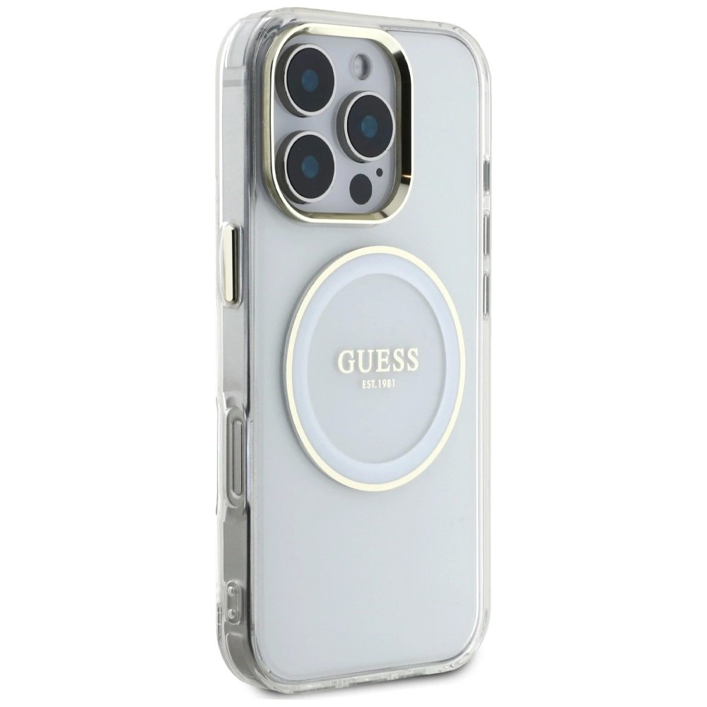 iPhone 16 Pro Guess IML Metal Colored Circle Classic Logo MagSafe dėklas - baltas 3