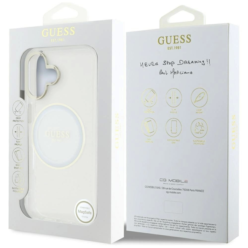 iPhone 16 Guess IML Metal Colored Circle Classic Logo MagSafe dėklas - baltas 7