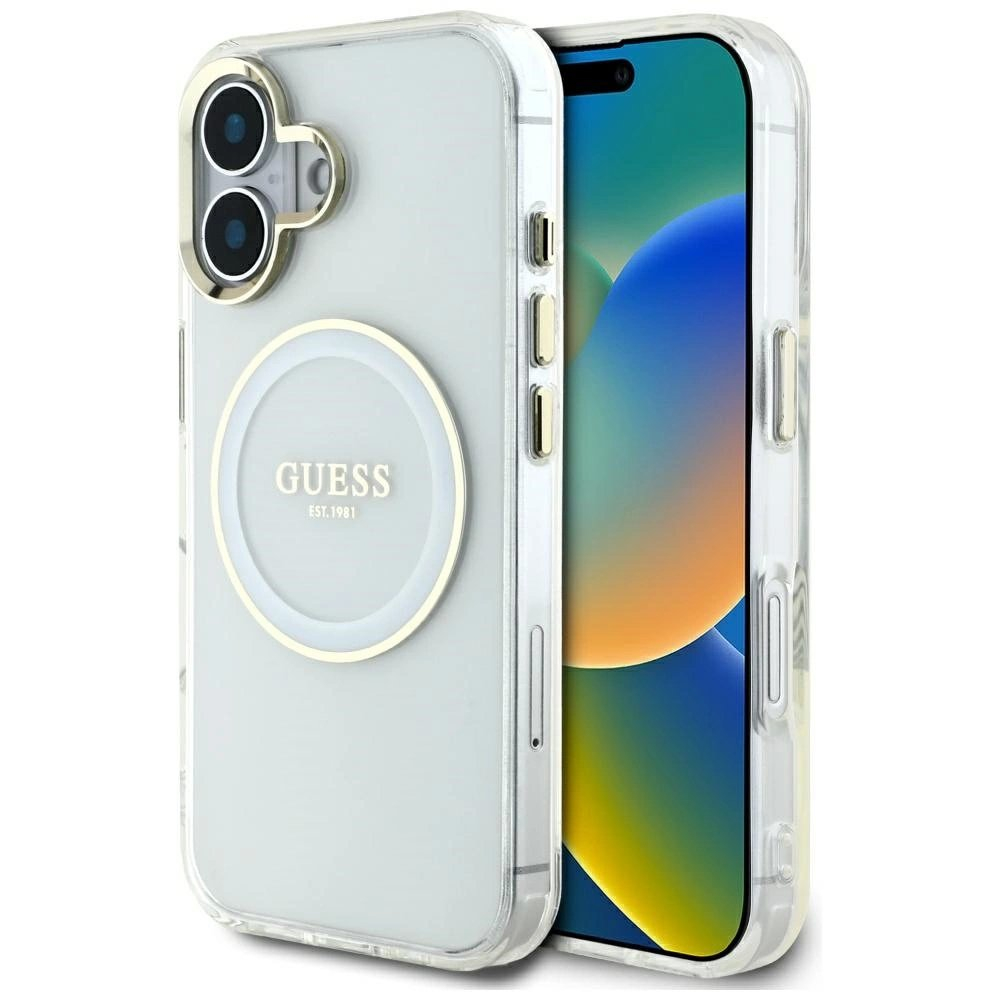 iPhone 16 Guess IML Metal Colored Circle Classic Logo MagSafe dėklas - baltas