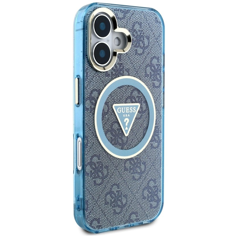iPhone 16 – Guess IML Metal Glitter 4G Circle Triangle MagSafe dėklas - Mėlynas 3