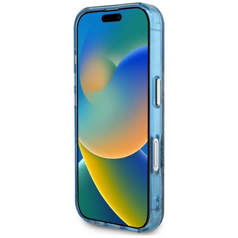 iPhone 16 – Guess IML Metal Glitter 4G Circle Triangle MagSafe dėklas - Mėlynas 4