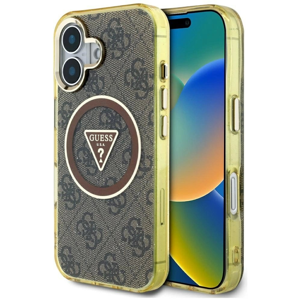 iPhone 16 – Guess IML Metal Glitter 4G Circle Triangle MagSafe dėklas - Rudas