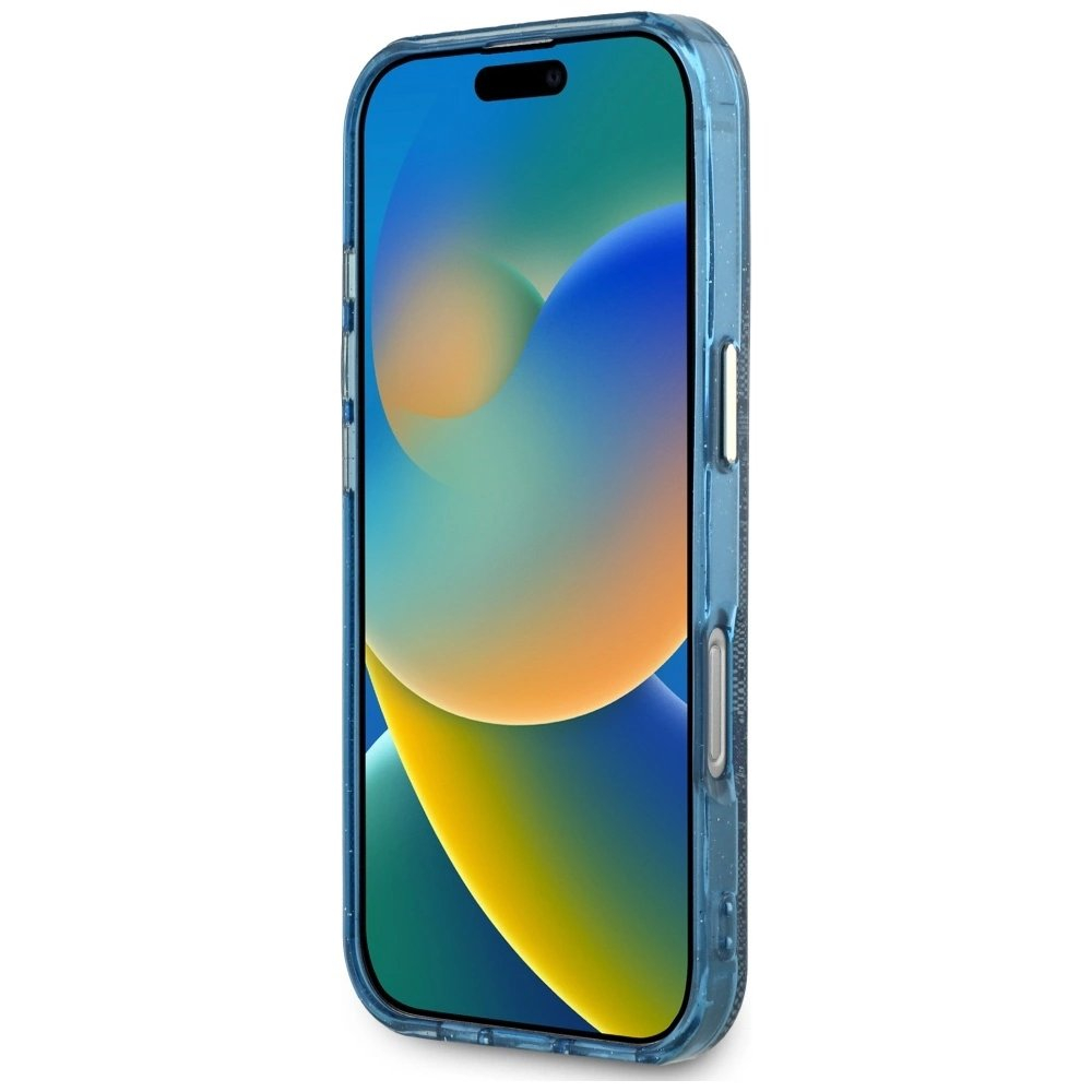 iPhone 16 Pro – Guess IML Metal Glitter 4G Circle Triangle MagSafe dėklas - Mėlynas 4