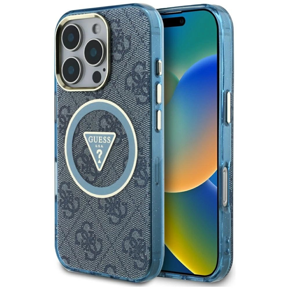 iPhone 16 Pro – Guess IML Metal Glitter 4G Circle Triangle MagSafe dėklas - Mėlynas