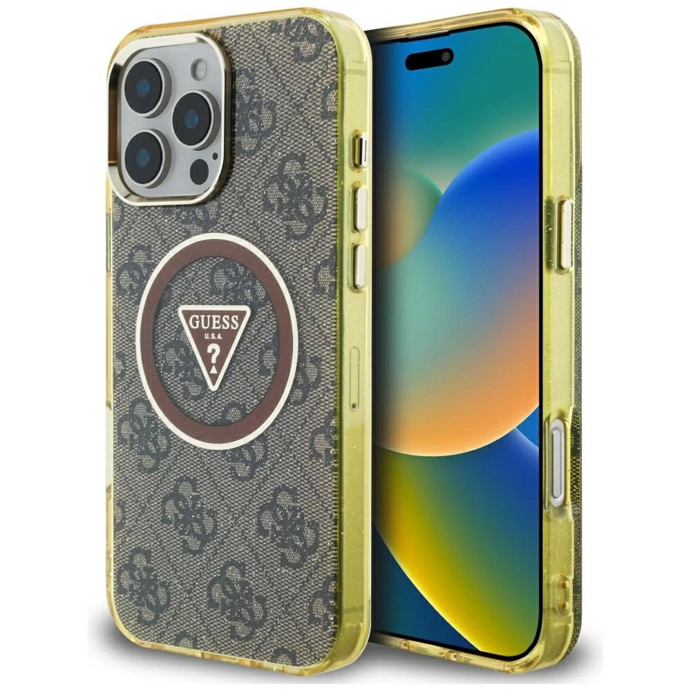 iPhone 16 Pro – Guess IML Metal Glitter 4G Circle Triangle MagSafe dėklas - Rudas