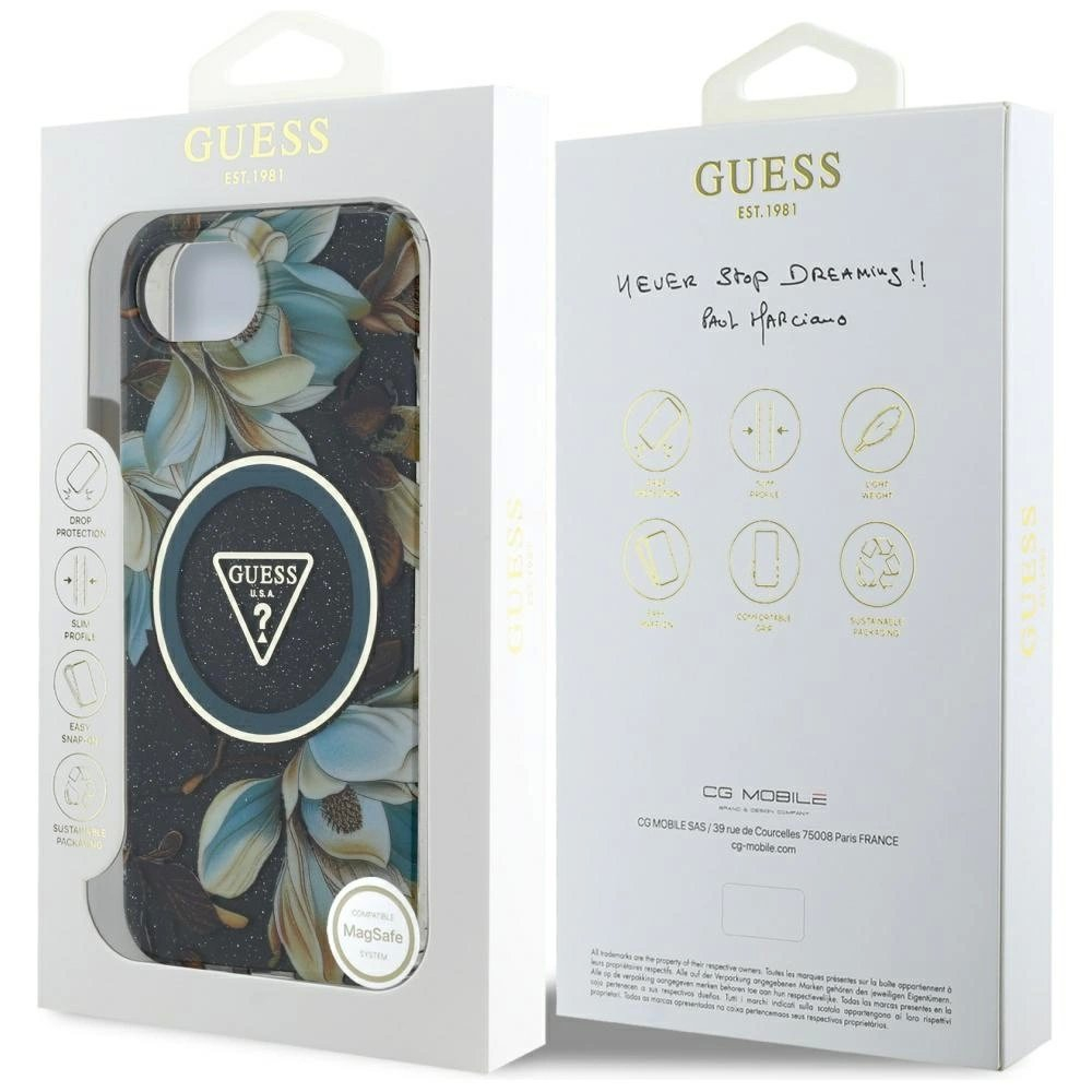 iPhone 16e – Guess IML Metal Glitter Flowers Triangle MagSafe dėklas - Juodas 7 iPhone 16e – Guess IML Metal Glitter Flowers Triangle MagSafe dėklas - Juodas 7