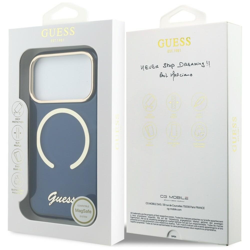 iPhone 17 Pro Guess IML Script Metal MagSafe dėklas – mėlynas 7