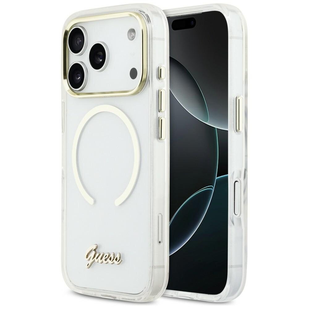 iPhone 17 Pro Guess IML Script Metal MagSafe dėklas – skaidrus
