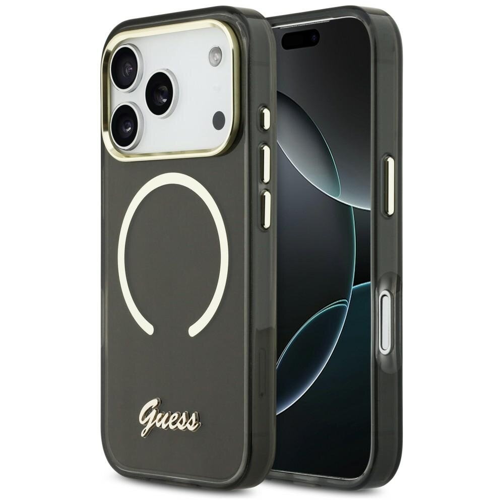iPhone 17 Pro Max Guess IML Script Metal MagSafe dėklas – juodas