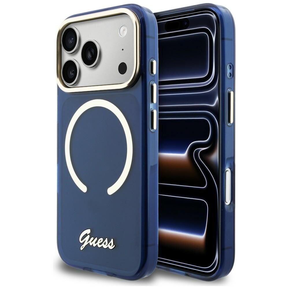 iPhone 17 Pro Max Guess IML Script Metal MagSafe dėklas – mėlynas