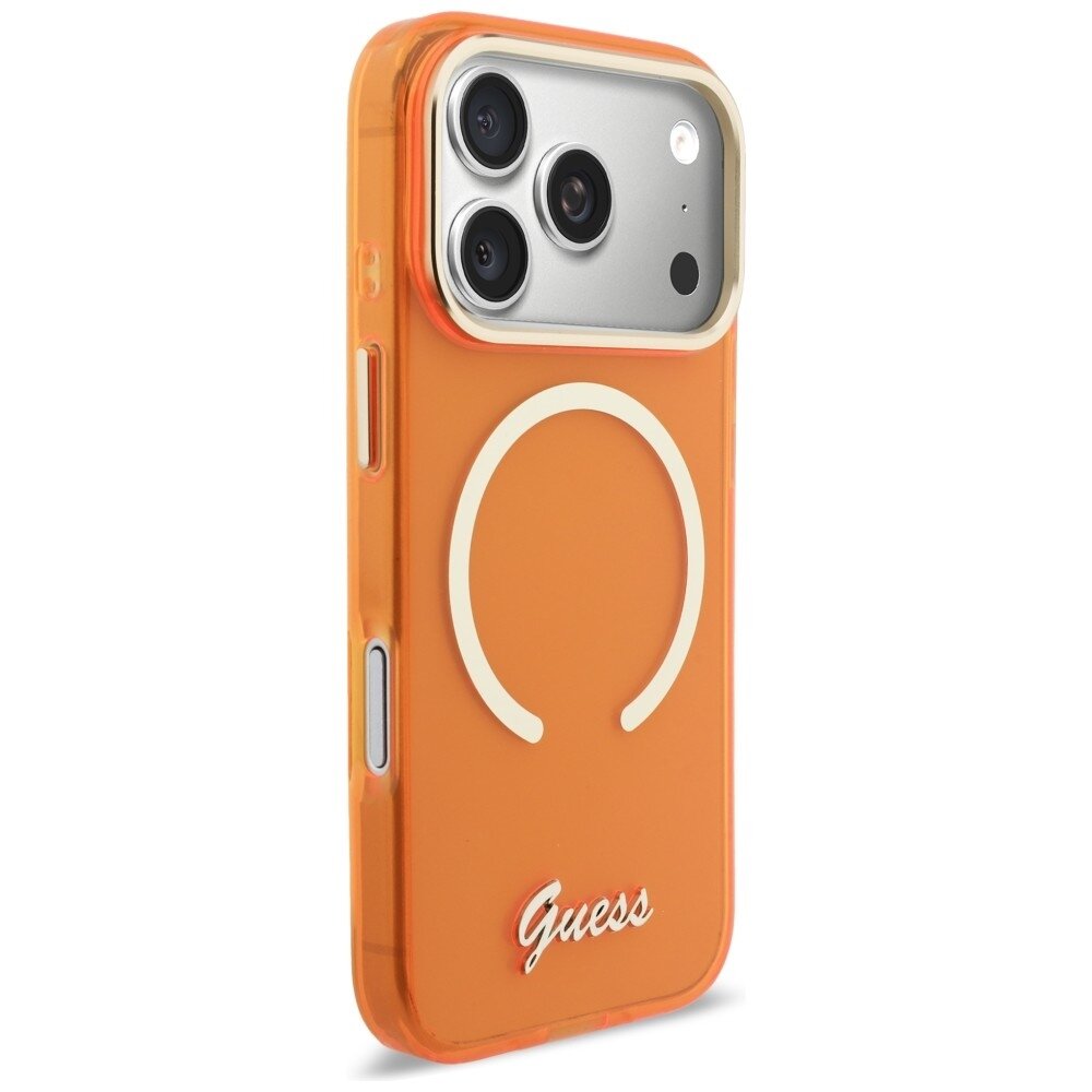 iPhone 17 Pro Guess IML Script Metal MagSafe dėklas – oranžinis 3