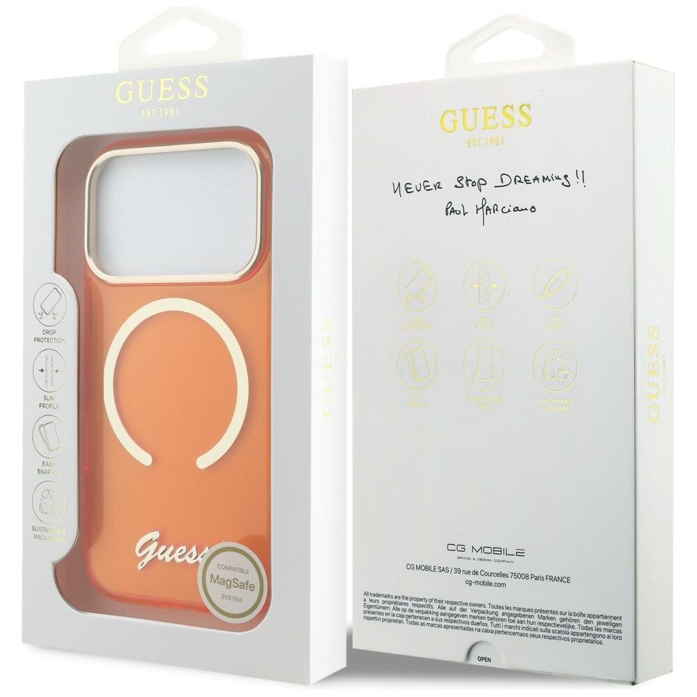 iPhone 17 Pro Guess IML Script Metal MagSafe dėklas – oranžinis 7