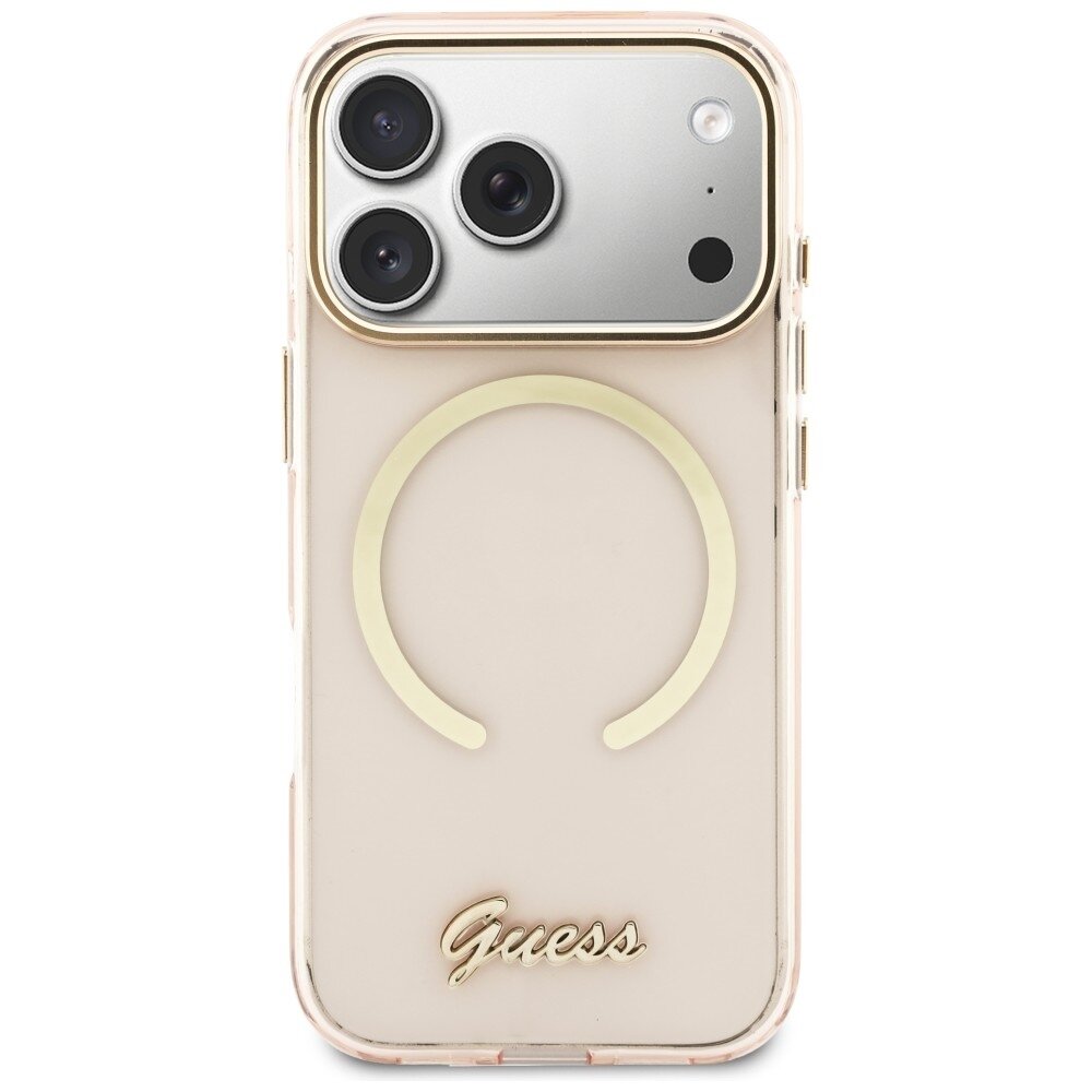 iPhone 17 Pro Guess IML Script Metal MagSafe dėklas – rožinis 2