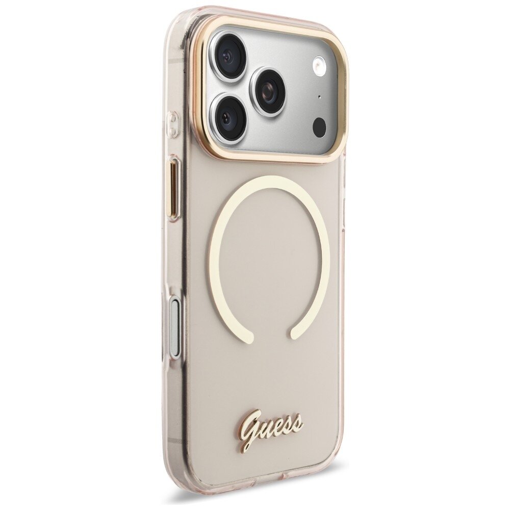 iPhone 17 Pro Guess IML Script Metal MagSafe dėklas – rožinis 3 iPhone 17 Pro Guess IML Script Metal MagSafe dėklas – rožinis 3