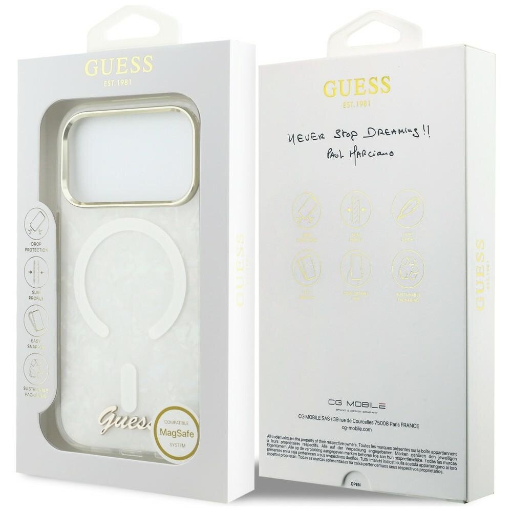 iPhone 17 Pro Max Guess IML Shell Script Metal MagSafe dėklas – baltas 7