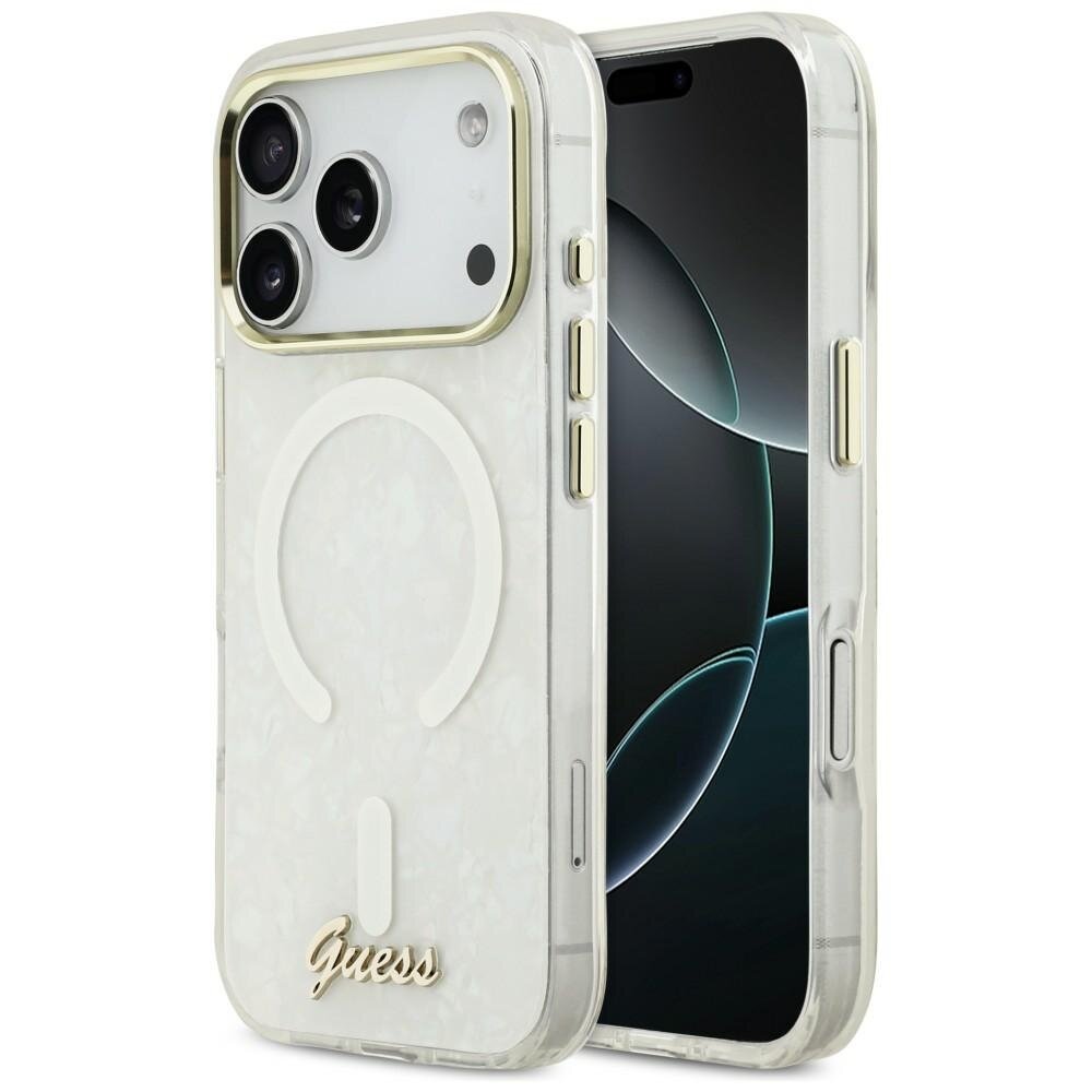 iPhone 17 Pro Max Guess IML Shell Script Metal MagSafe dėklas – baltas iPhone 17 Pro Max Guess IML Shell Script Metal MagSafe dėklas – baltas