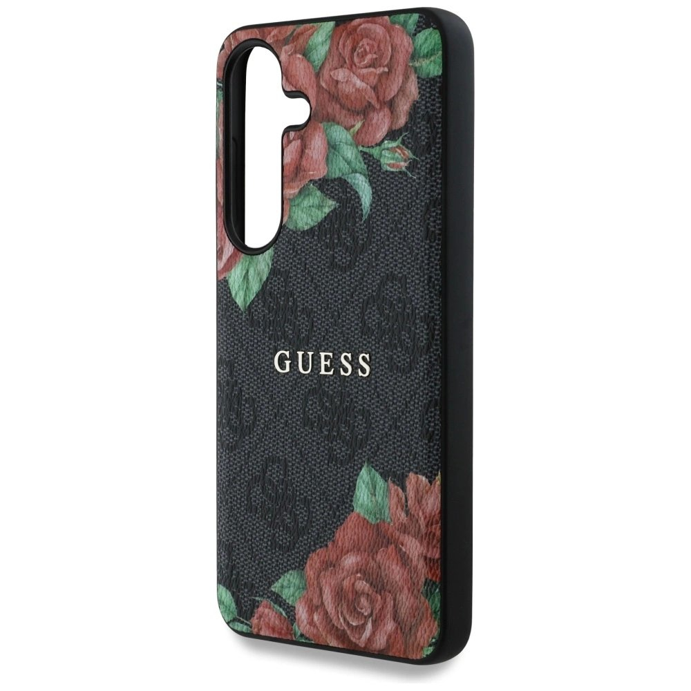 Guess Odinis 4G Flowers Print Metal Classic Logo MagSafe Dėklas skirtas Samsung Galaxy S25 - Juodas 5