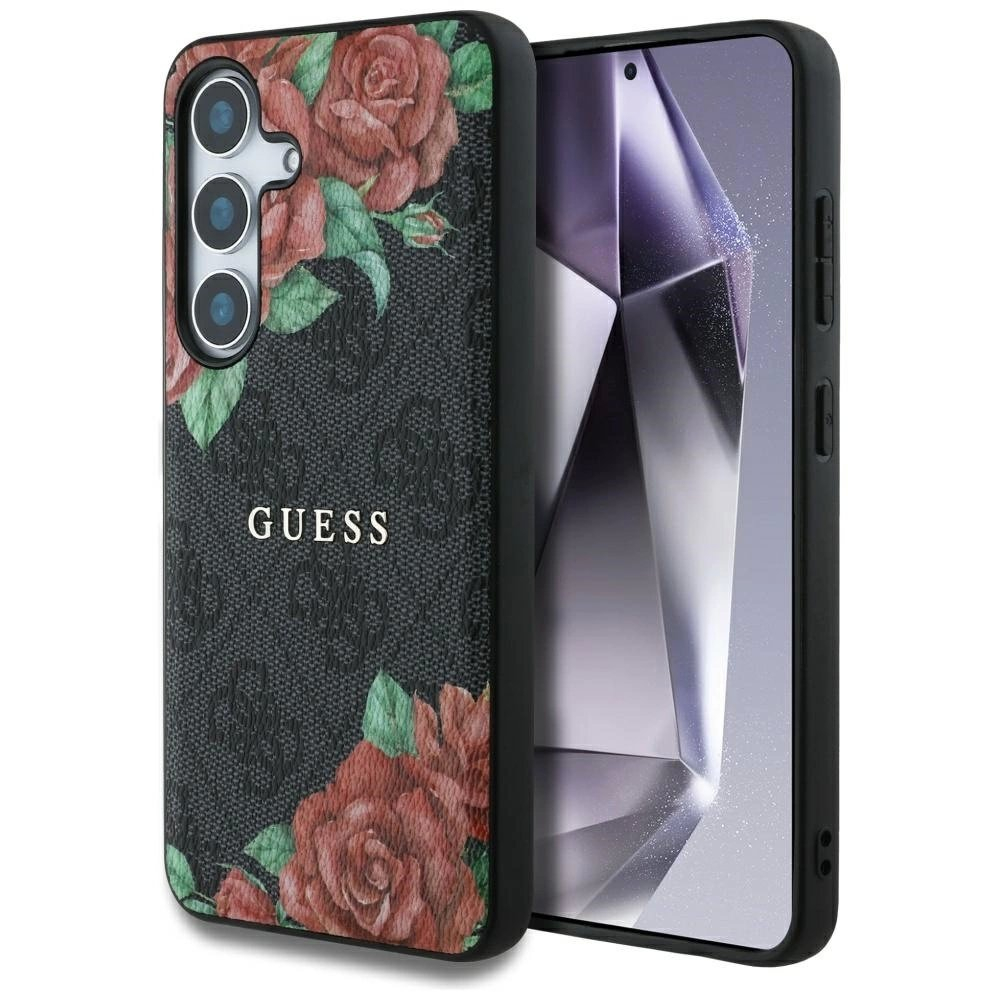 Guess Odinis 4G Flowers Print Metal Classic Logo MagSafe Dėklas skirtas Samsung Galaxy S25 - Juodas