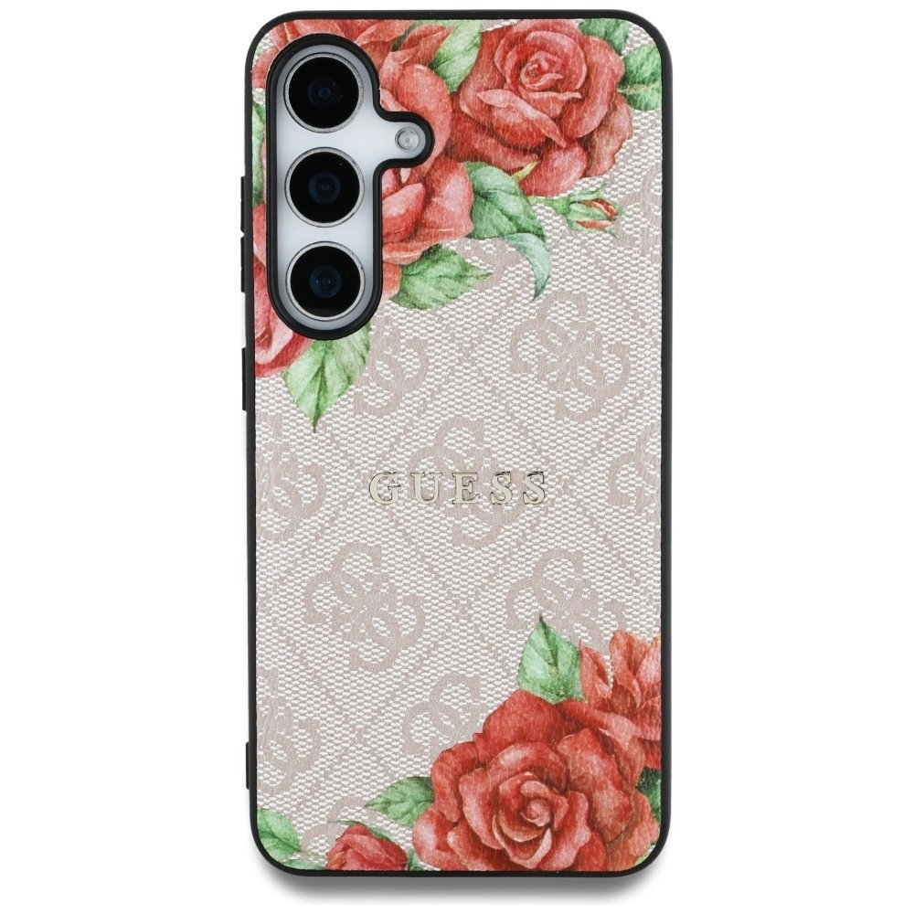 Guess Odinis 4G Flowers Print Metal Classic Logo MagSafe Dėklas skirtas Samsung Galaxy S25 - Rožinis 2
