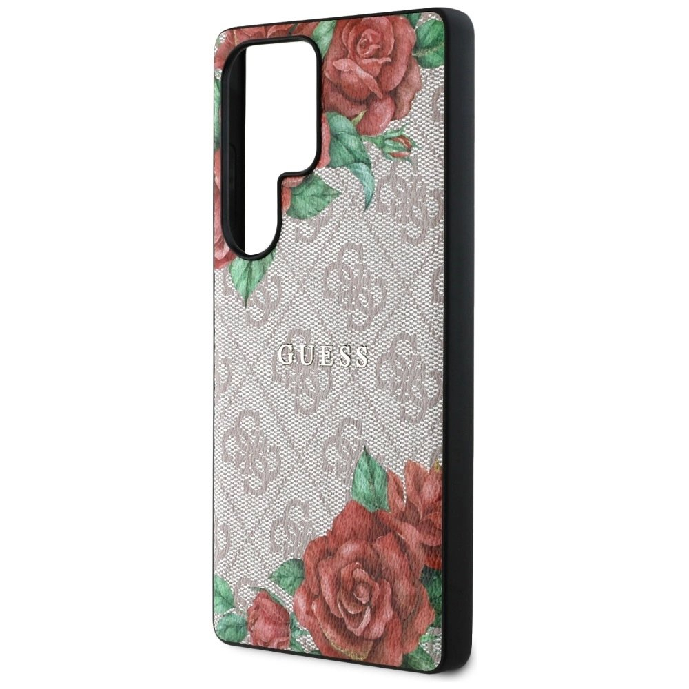 Guess Odinis 4G Flowers Print Metal Classic Logo MagSafe Dėklas skirtas Samsung Galaxy S25 Ultra - Rožinis 5