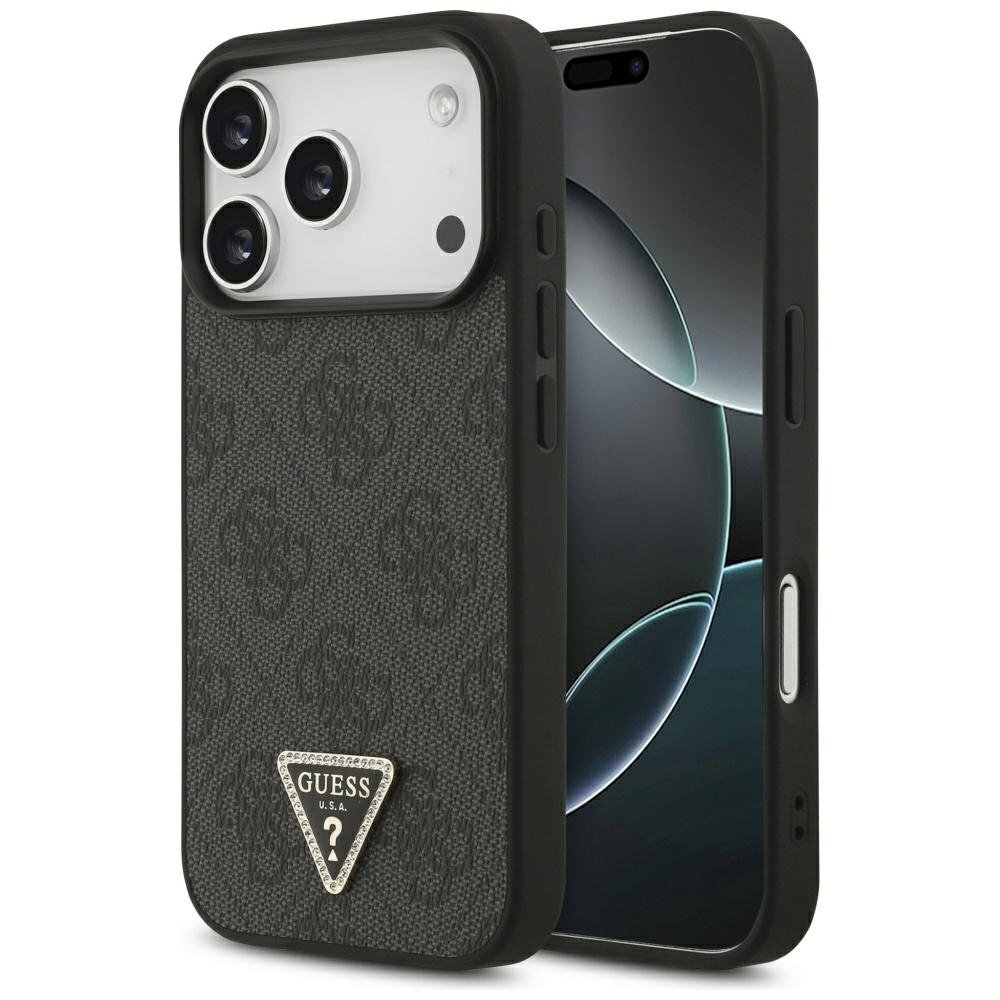 iPhone 17 Pro dėklas Guess Leather 4G Triangle Strass, MagSafe – juodas