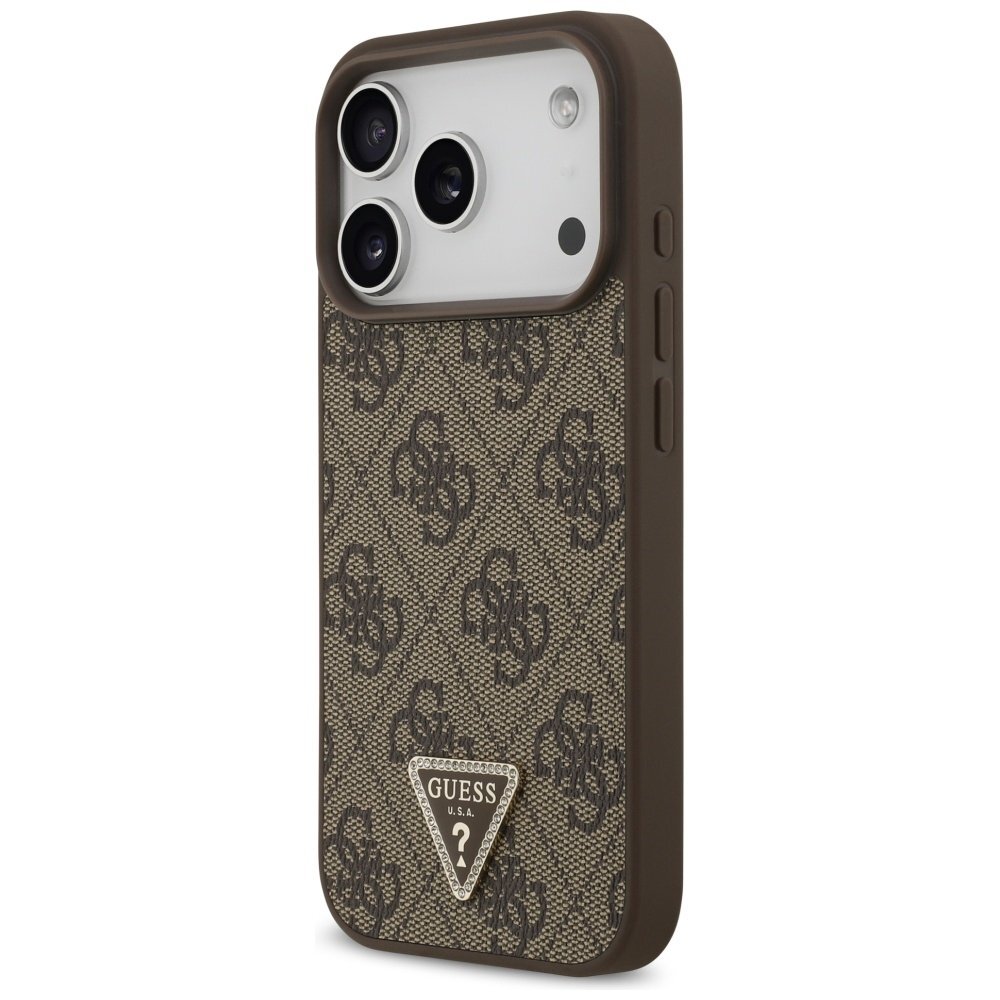 iPhone 17 Pro dėklas Guess Leather 4G Triangle Strass su MagSafe – rudos spalvos 1 iPhone 17 Pro dėklas Guess Leather 4G Triangle Strass su MagSafe – rudos spalvos 1