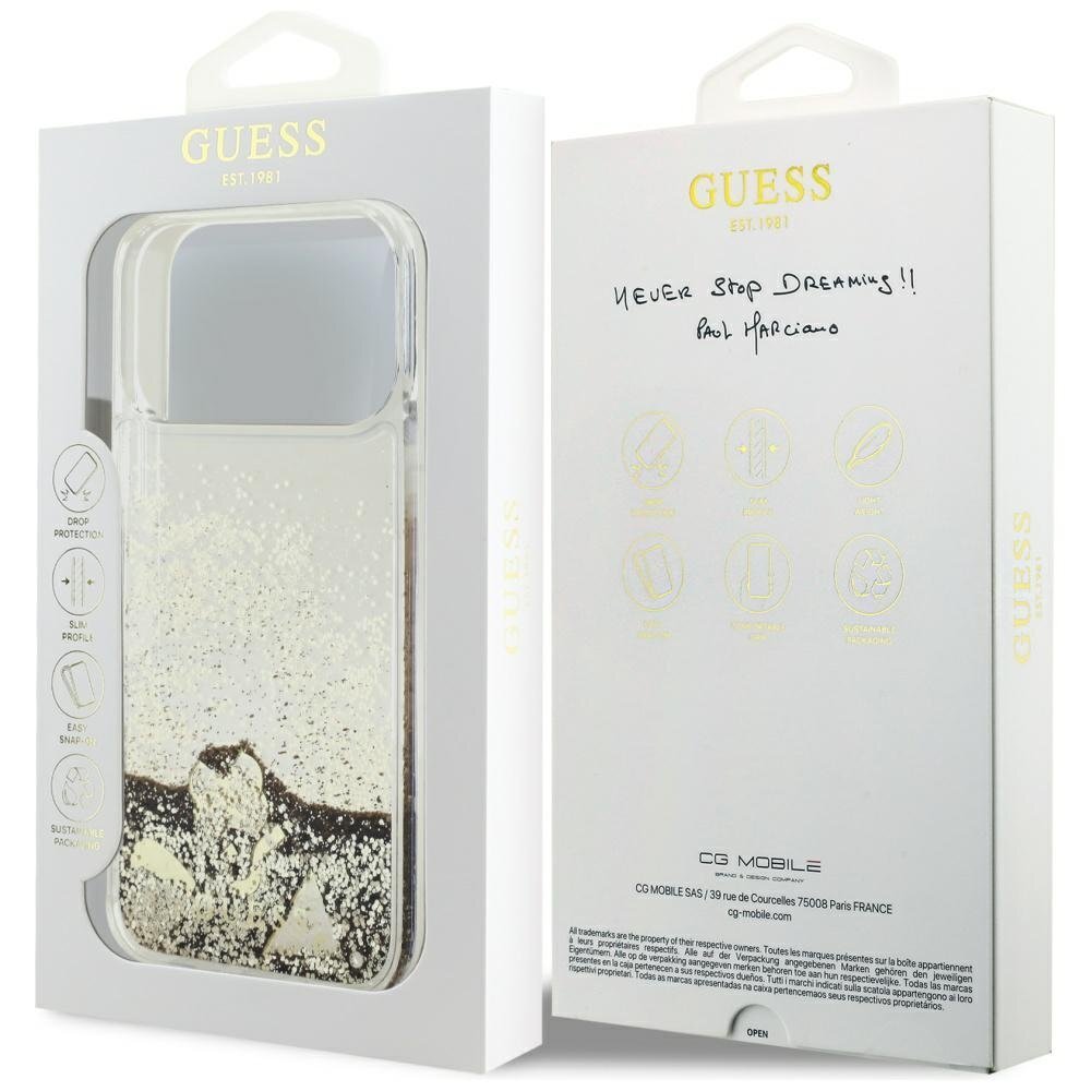 iPhone 17 Pro Max Guess Liquid Glitter 4 Charms dėklas – auksinis 7 iPhone 17 Pro Max Guess Liquid Glitter 4 Charms dėklas – auksinis 7