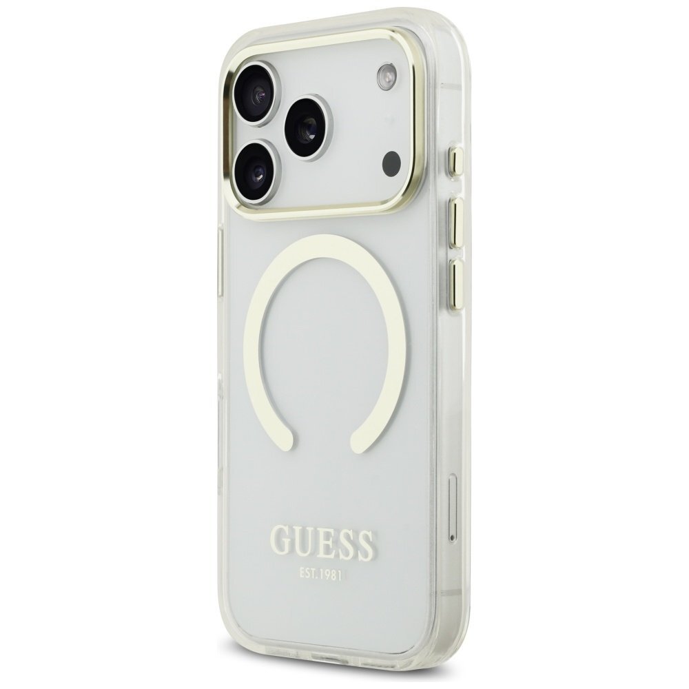 iPhone 17 Pro Guess Metal Outline MagSafe dėklas – auksinis 1 iPhone 17 Pro Guess Metal Outline MagSafe dėklas – auksinis 1