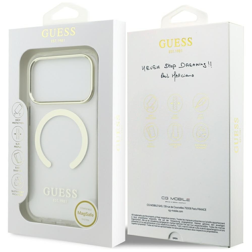 iPhone 17 Pro Guess Metal Outline MagSafe dėklas – auksinis 7