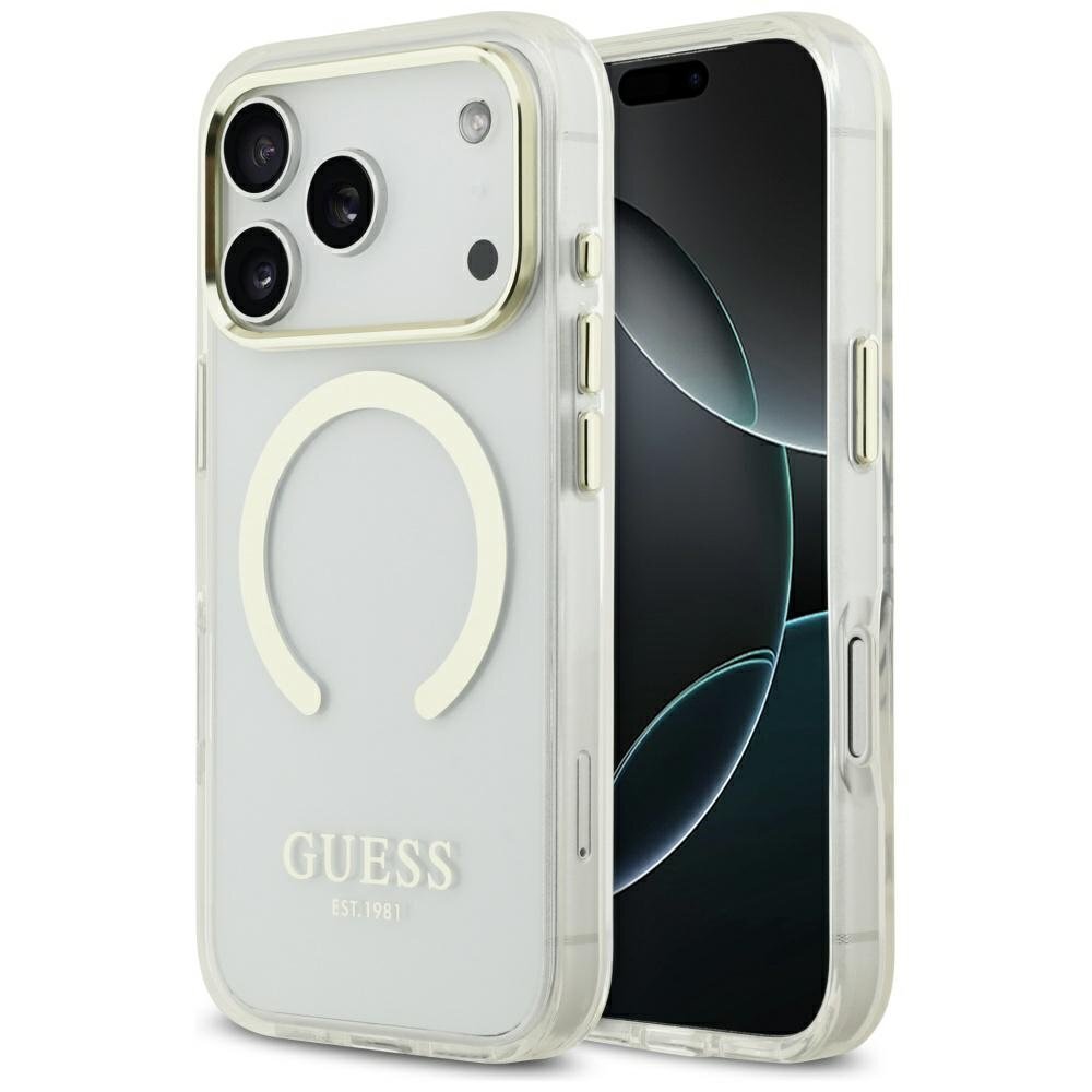 iPhone 17 Pro Guess Metal Outline MagSafe dėklas – auksinis
