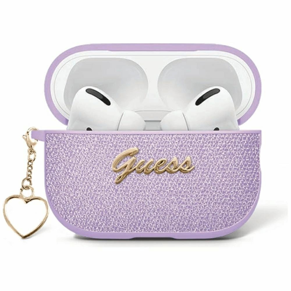 Guess Metallic Script Charm Dėklas skirtas AirPods 4 - Violetinis 1 Guess Metallic Script Charm Dėklas skirtas AirPods 4 - Violetinis 1