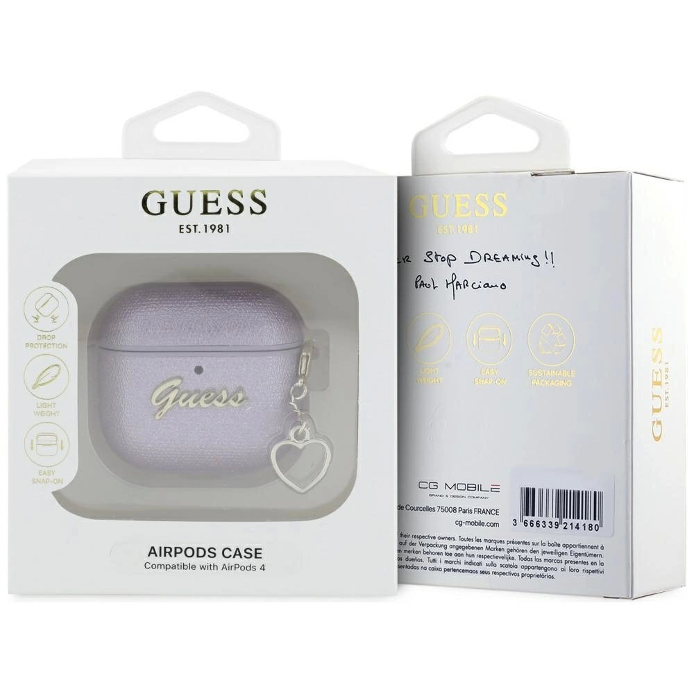 Guess Metallic Script Charm Dėklas skirtas AirPods 4 - Violetinis 2 Guess Metallic Script Charm Dėklas skirtas AirPods 4 - Violetinis 2