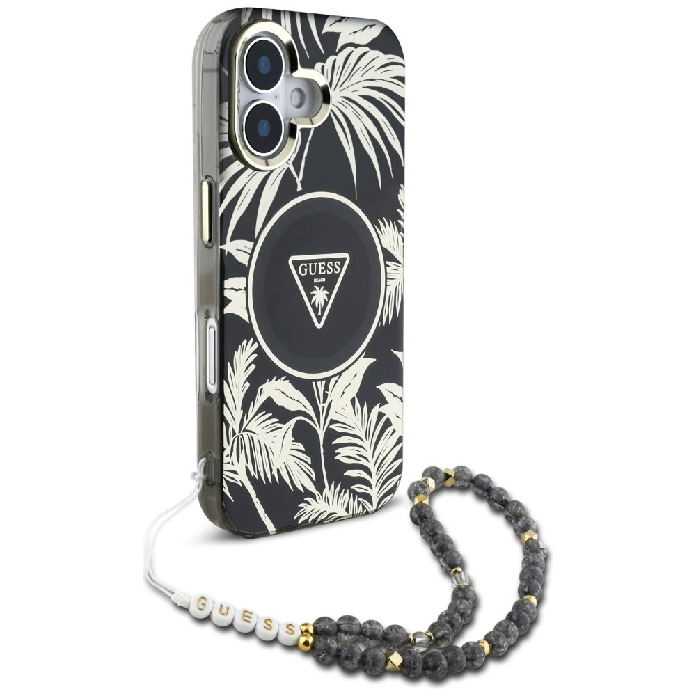 Guess Palm Trees Triangle Pearl Strap MagSafe Dėklas skirtas iPhone 16 Juodas 2