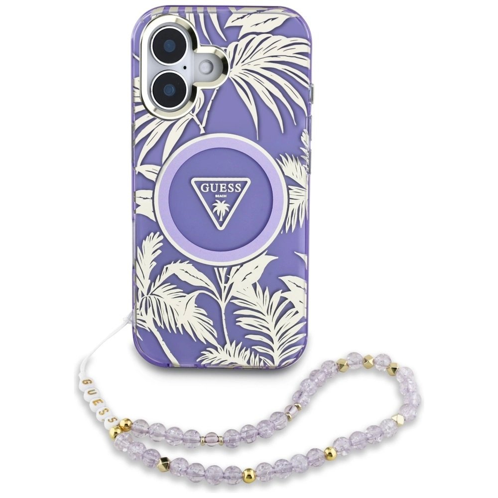 Guess Palm Trees Triangle Pearl Strap MagSafe Dėklas skirtas iPhone 16 Violetinis 1