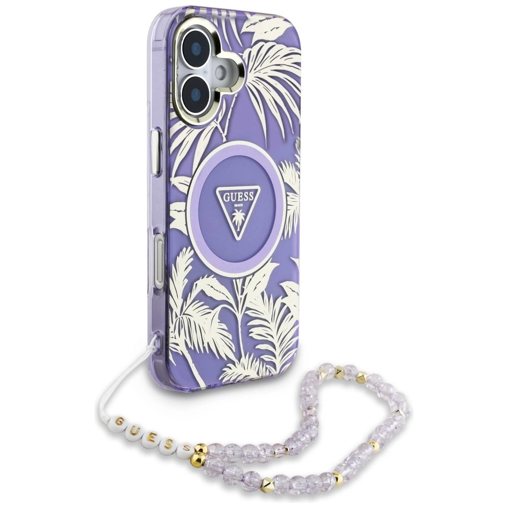 Guess Palm Trees Triangle Pearl Strap MagSafe Dėklas skirtas iPhone 16 Violetinis 2