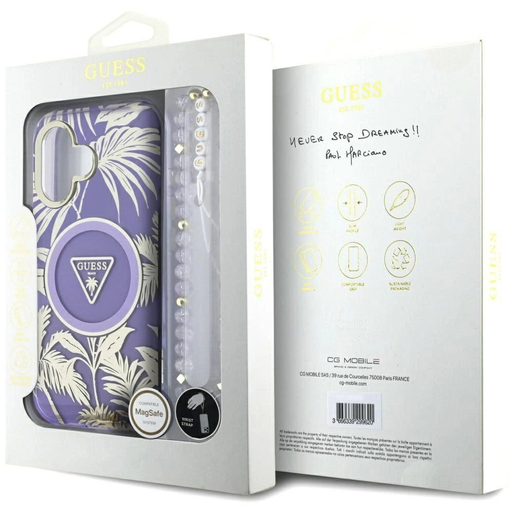 Guess Palm Trees Triangle Pearl Strap MagSafe Dėklas skirtas iPhone 16 Violetinis 6
