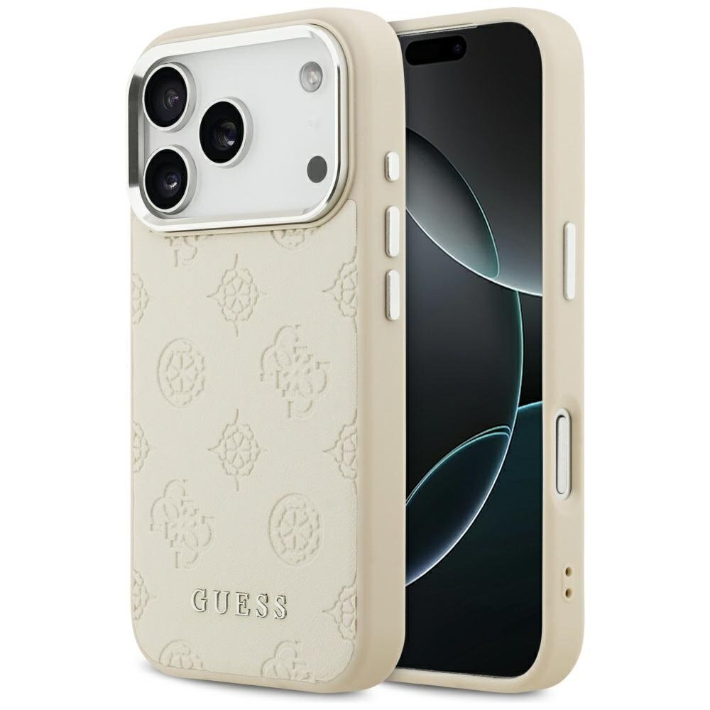 iPhone 17 Pro Guess Peony Hot Stamp Script MagSafe dėklas – smėlinis
