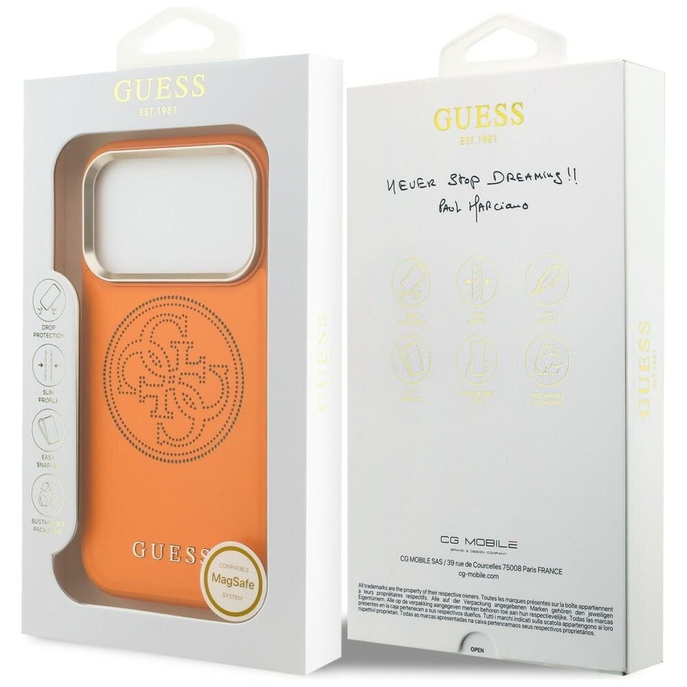 iPhone 17 Pro Guess Perforated 4G MagSafe dėklas – oranžinis 7 iPhone 17 Pro Guess Perforated 4G MagSafe dėklas – oranžinis 7