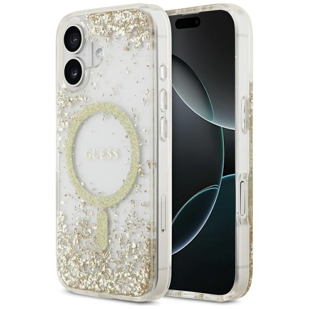iPhone 17 dėklas Guess Resin Bottom Glitter MagSafe – auksinis