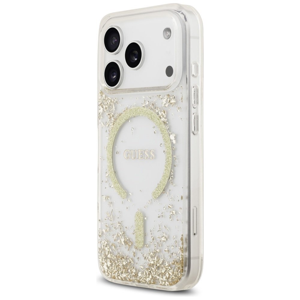 iPhone 17 Pro Guess Resin Bottom Glitter MagSafe dėklas – auksinis 1