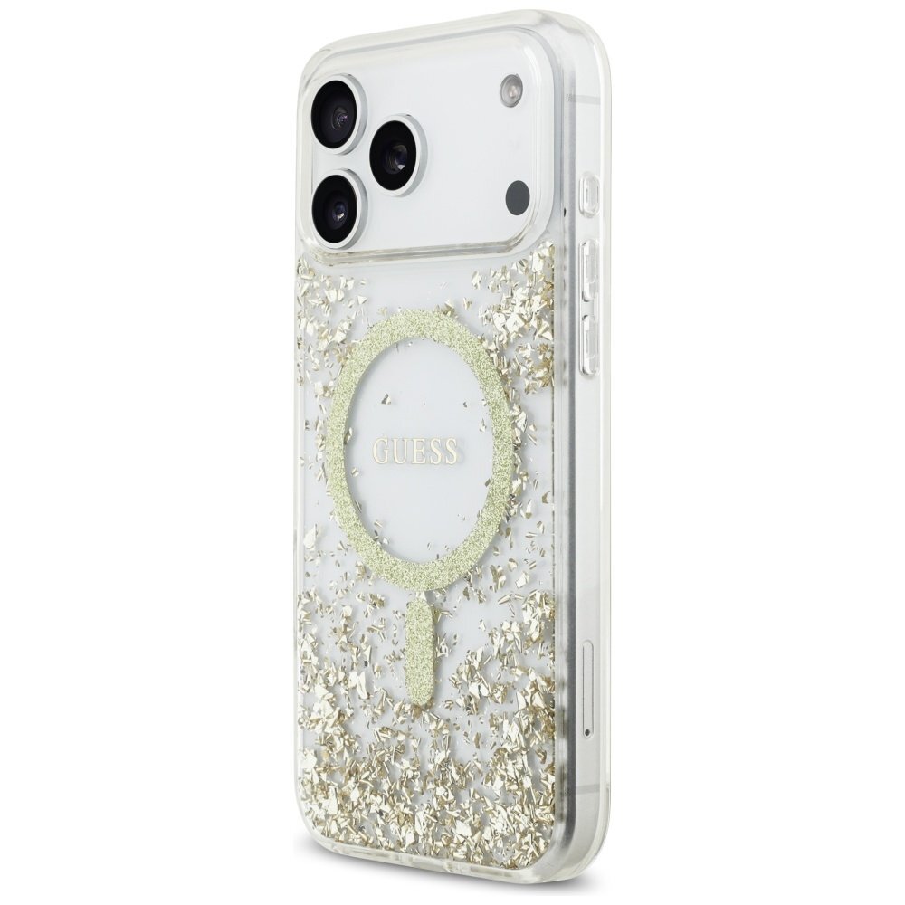 iPhone 17 Pro Max Guess Resin Bottom Glitter MagSafe dėklas – auksinis 1