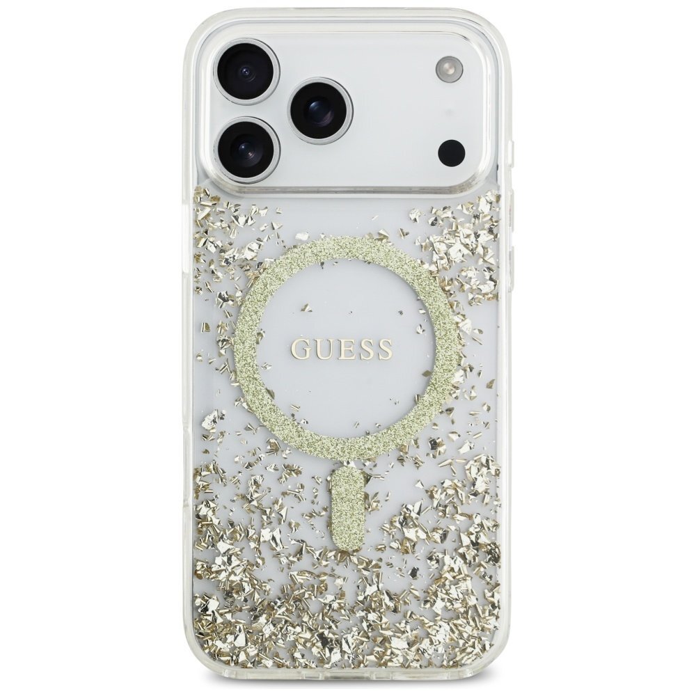 iPhone 17 Pro Max Guess Resin Bottom Glitter MagSafe dėklas – auksinis 2