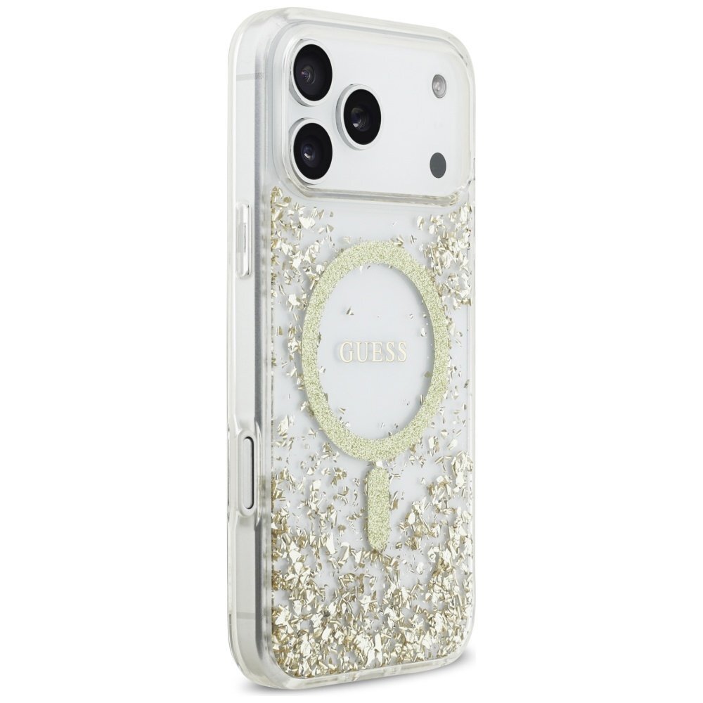 iPhone 17 Pro Max Guess Resin Bottom Glitter MagSafe dėklas – auksinis 3