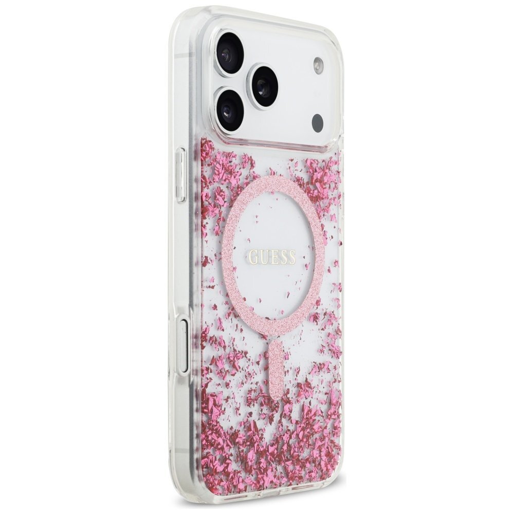 iPhone 17 Pro Max Guess Resin Bottom Glitter MagSafe dėklas – rožinis 3