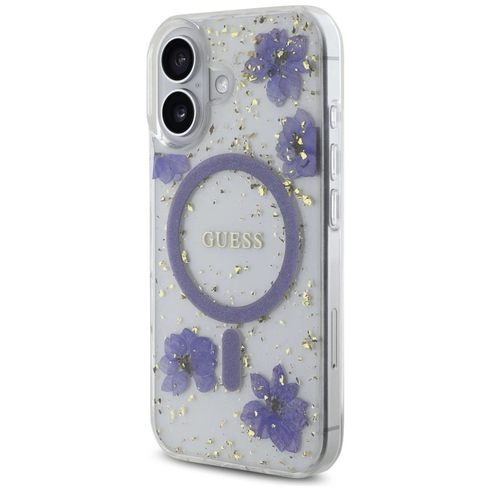 iPhone 16 – Guess Resin Flowers Glitter MagSafe dėklas - Violetinis 1 iPhone 16 – Guess Resin Flowers Glitter MagSafe dėklas - Violetinis 1