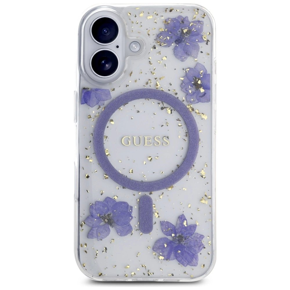 iPhone 16 – Guess Resin Flowers Glitter MagSafe dėklas - Violetinis 2